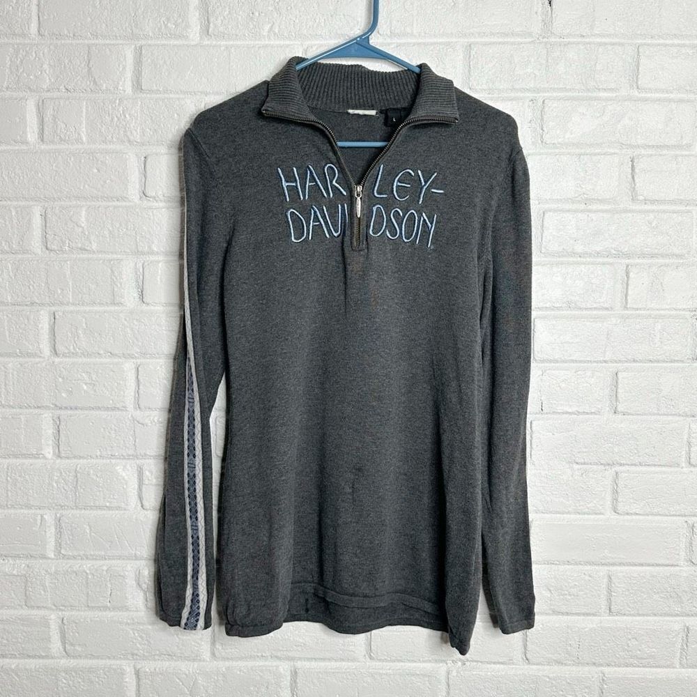 Harley Davidson Womens Quarter Zip Fair Isle Gray Blue Spell Out Sweater Large